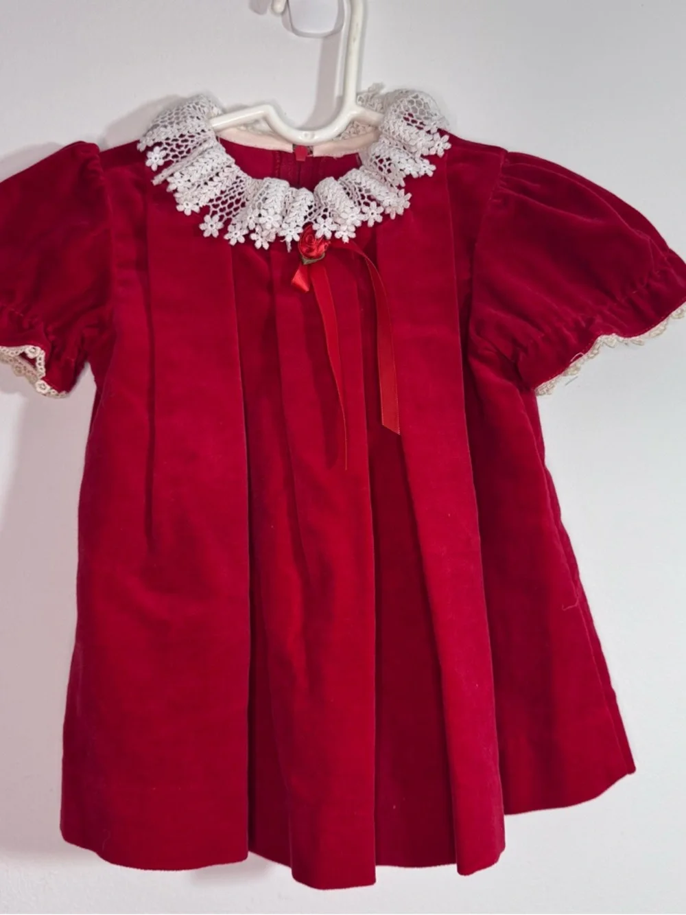Vintage Goodlad Red Velveteen Baby Dress 12M Lace Collar Holiday USA